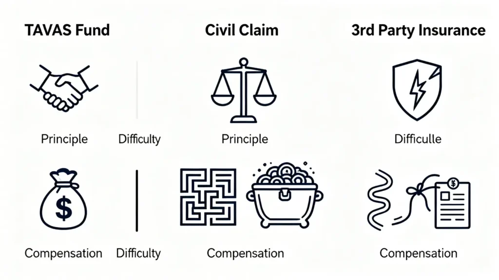 圖表比較車手獎、民事索償及第三者保險在賠償原則、申請難度和賠償範圍上的區別。