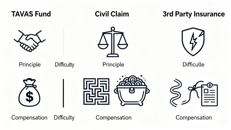 圖表比較車手獎、民事索償及第三者保險在賠償原則、申請難度和賠償範圍上的區別。